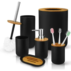 6 Pcs Bamboo and Plastic Bathroom Accessories Sets
